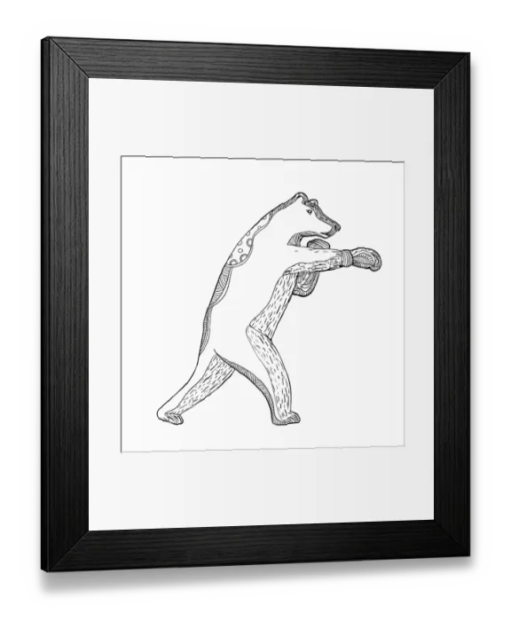 Framed Print : Doodle art illustration of a grizzly bear or brown bear boxer boxing viewed from side in black