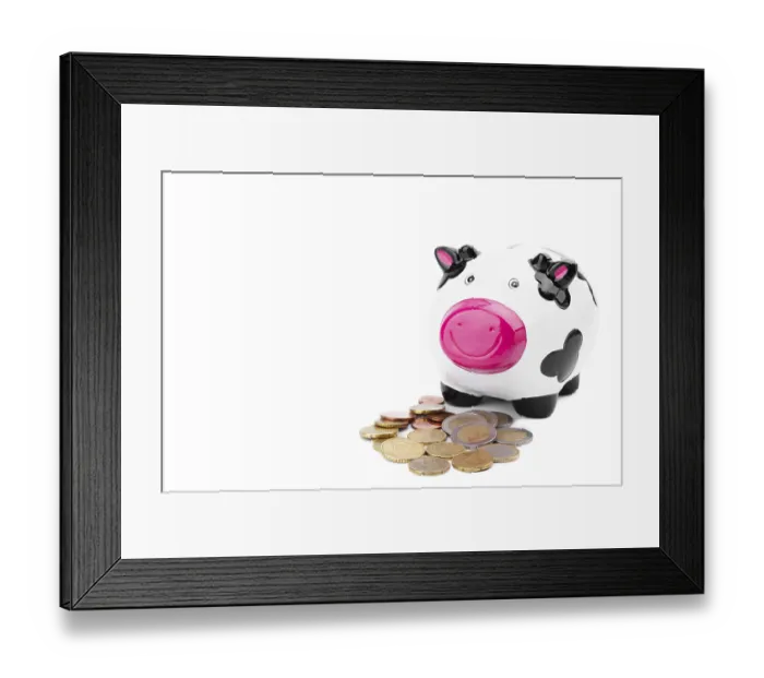 Framed Print : Piggy bank and euro coins isolated on white Framed Print : Piggy bank and euro coins isolated on white