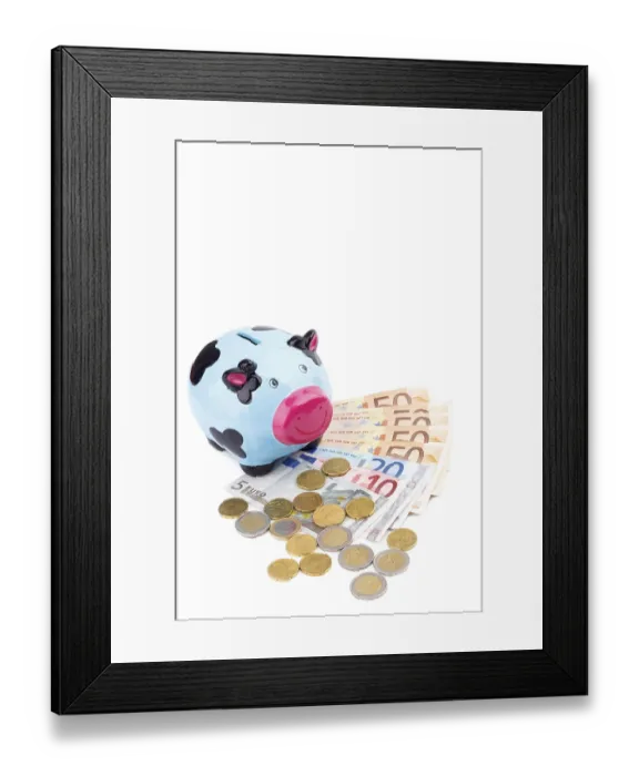 Framed Print : Piggy bank and money isolated on white Framed Print : Piggy bank and money isolated on white