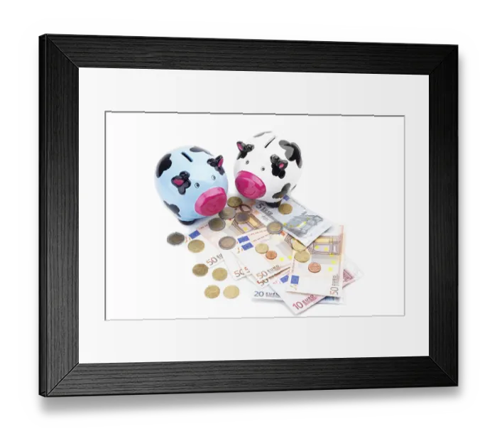 Framed Print : Piggy bank and money isolated on white