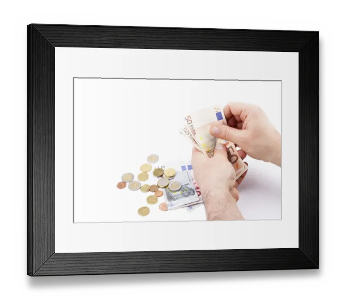 Framed Print : Male hands counting money isolated on white