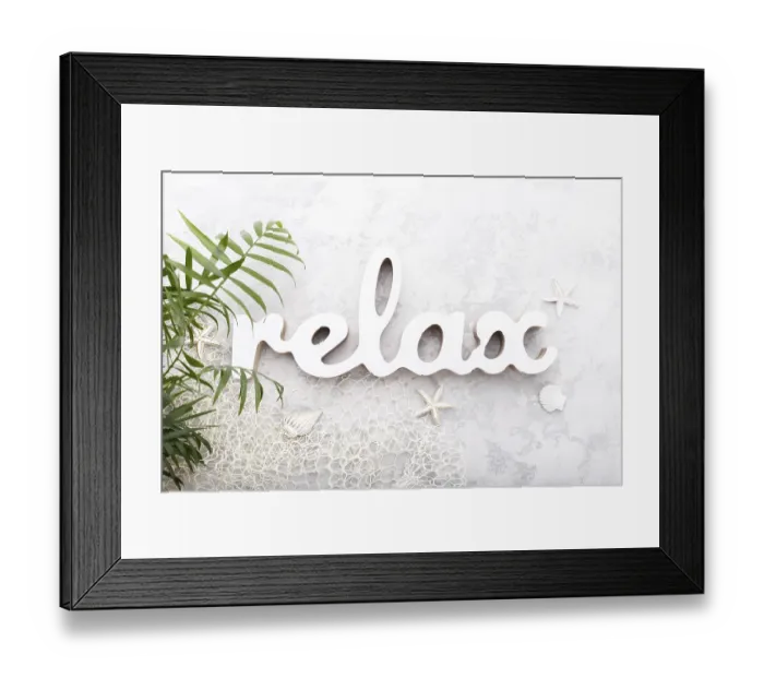 Framed Print : Word relax and sea shells, summer holidays concept flat lay