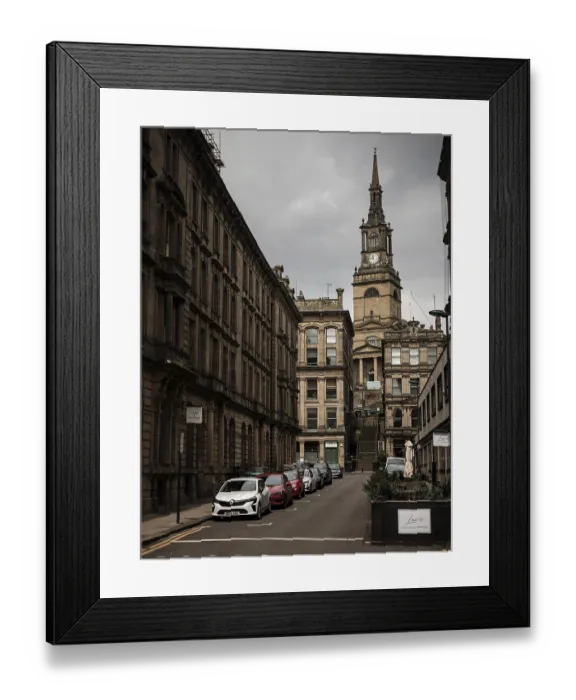 Framed Print : Historic street lined with cars