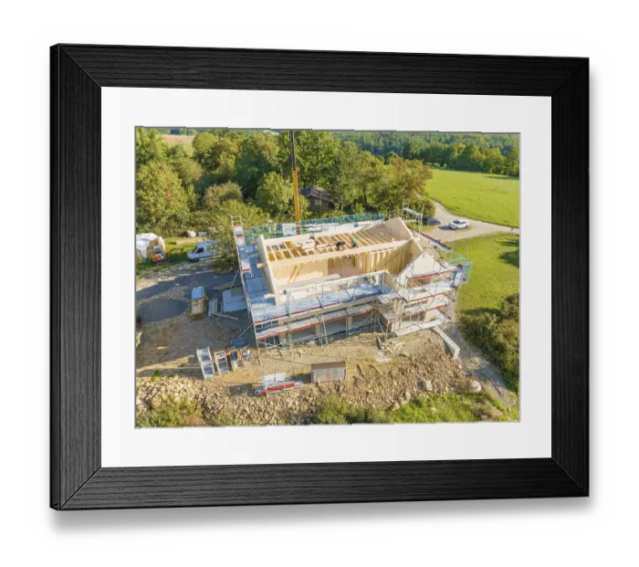 Framed Print : Timber frame construction with scaffolding and crane Framed Print : Timber frame construction with scaffolding and crane