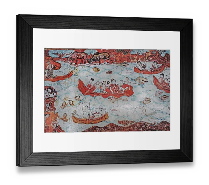 Framed Print : Fresco depicting Burmese ladies in the sea and in boats