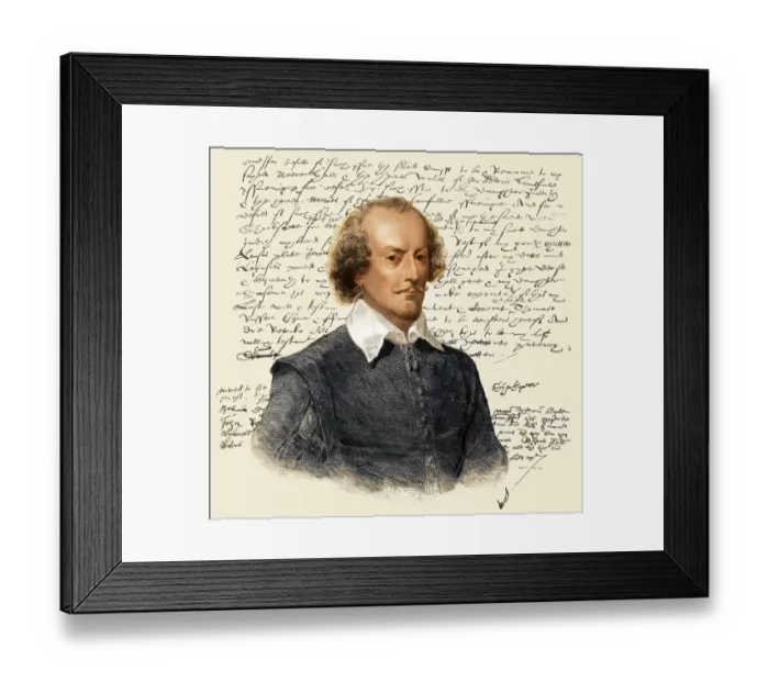 Framed Print : Portrait and facsimile of the testament of William Shakespeare