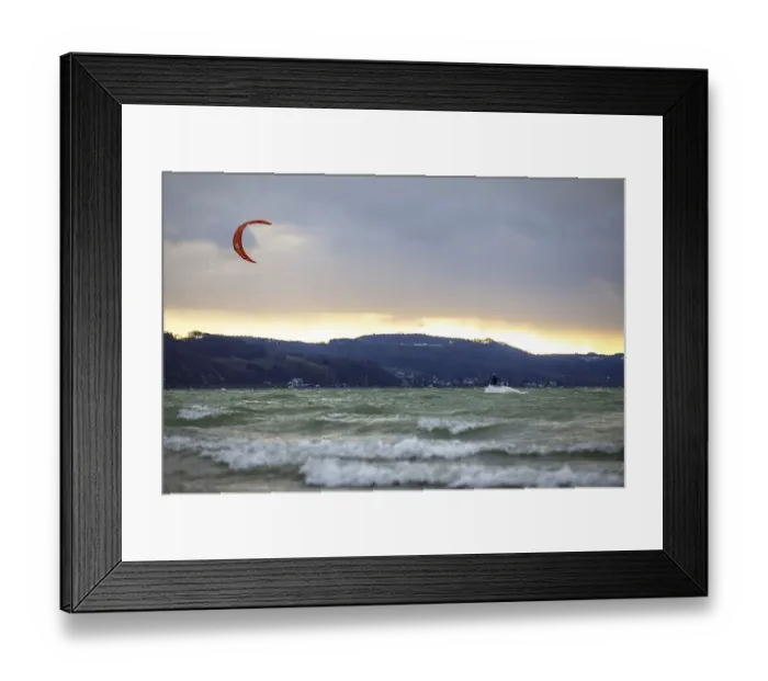Framed Print : Kitesurfer at sunset, wavy water