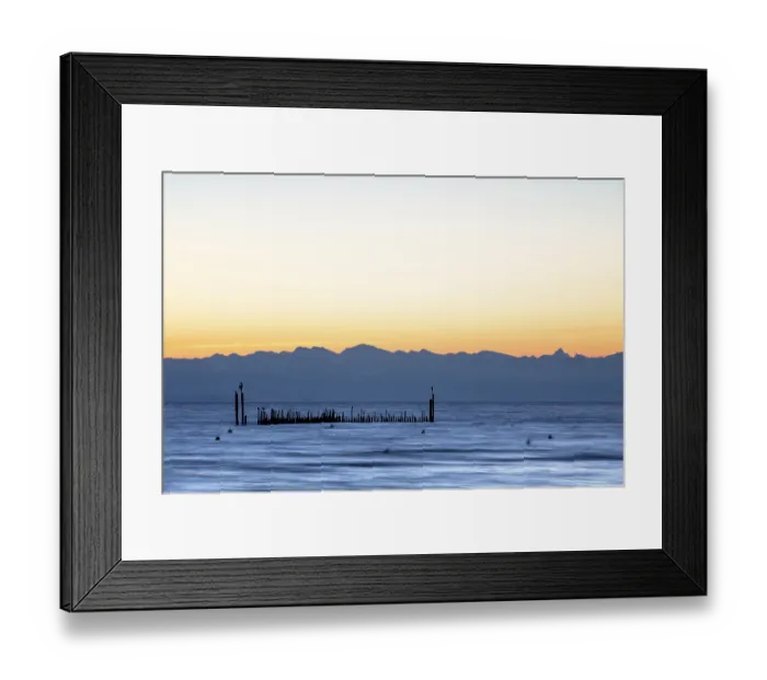 Framed Print : Quiet morning atmosphere over the lake with distant mountain silhouettes