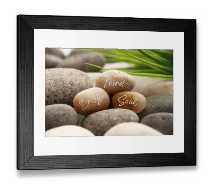Framed Print : Zen stones with words Mind, Body and Soul with space for text