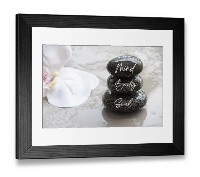 Framed Print : Mind, Body and Soul words engraved on zen stones with space for text