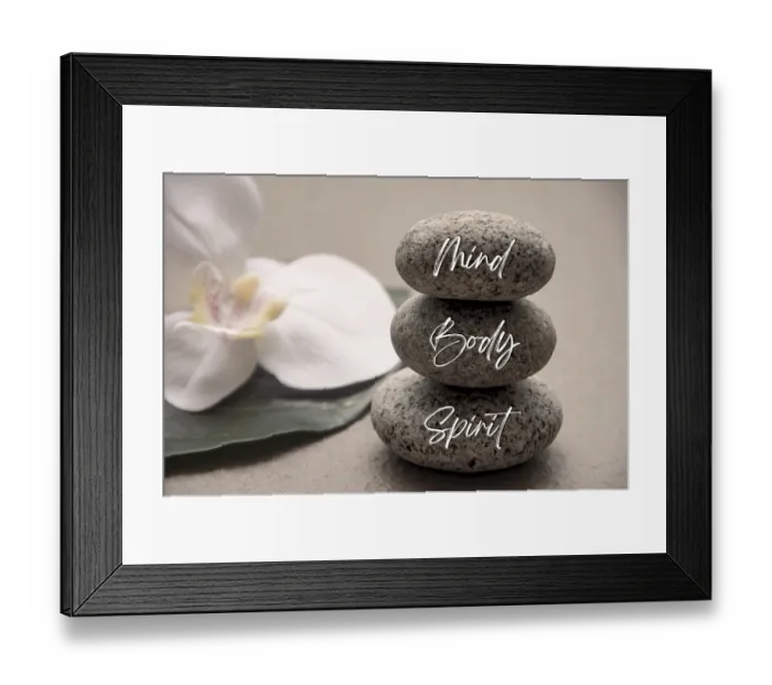 Framed Print : Mind, Body and Soul words engraved on zen stones with space for text