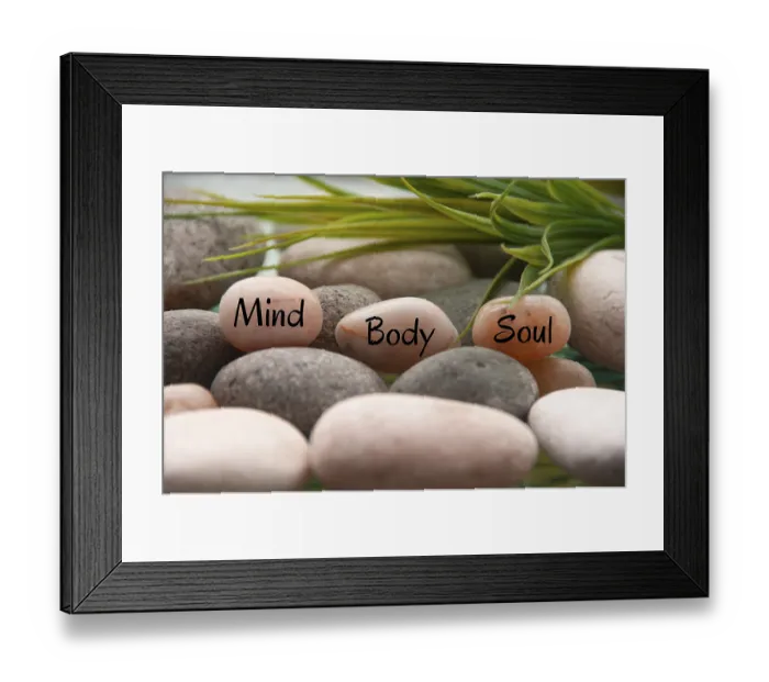 Framed Print : Zen stones with words Mind, Body