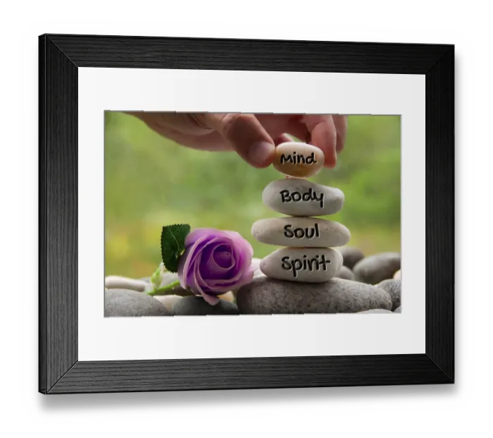 Framed Print : Mind, Body, Soul and Spirit words engraved on zen stones with rose flower