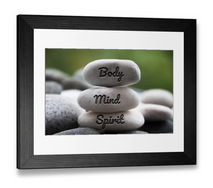 Framed Print : Body, Mind and Spirit words engraved on zen stones