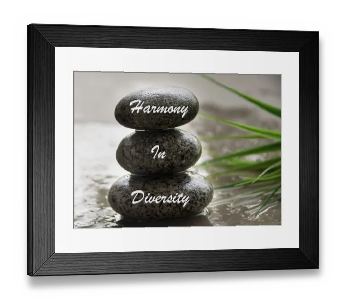 Framed Print : Harmony in diversity text engraved on stones
