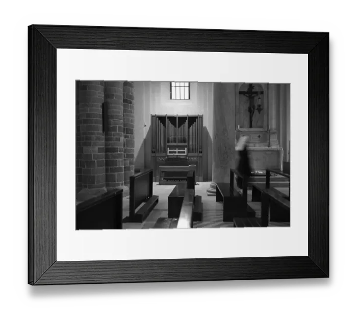 Framed Print : A black and white photo of a church interior with an organ