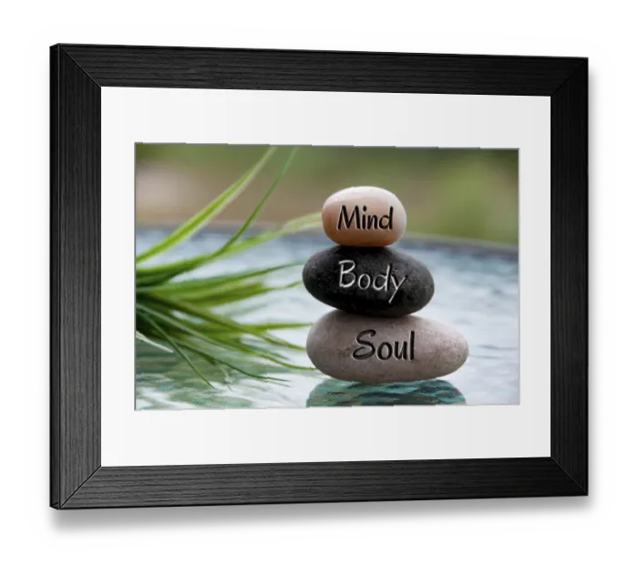 Framed Print : Mind, Body and Soul words engraved on zen stones with space for text Framed Print : Mind, Body and Soul words engraved on zen stones with space for text
