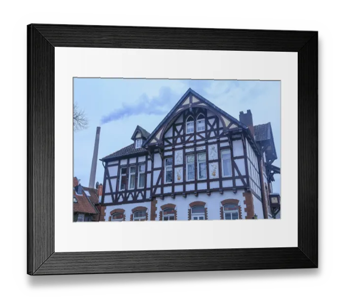 Framed Print : Half-timbered house, rear chimney of the paper mill of Sappi Alfeld GmbH