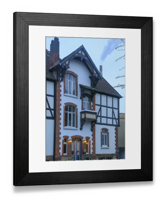 Framed Print : Half-timbered house, rear chimney of the paper mill of Sappi Alfeld GmbH