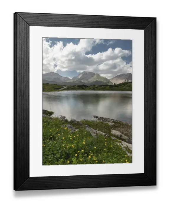 Framed Print : Tranquil lake view surrounded by mountains Framed Print : Tranquil lake view surrounded by mountains