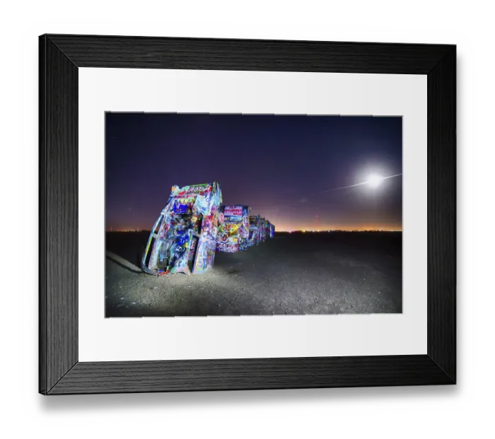 Framed Print : AMARILLO, TEXAS - April 2015: Famous art installation Cadillac Ranch at night Framed Print : AMARILLO, TEXAS - April 2015: Famous art installation Cadillac Ranch at night