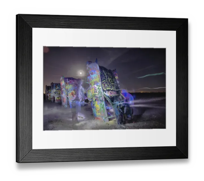 Framed Print : AMARILLO, TEXAS - April 2015: Famous art installation Cadillac Ranch at night