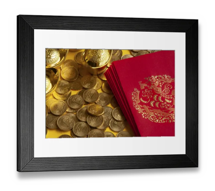 Framed Print : Happy Chinese New Year concept - Red packets with Chinese Golden Ingots