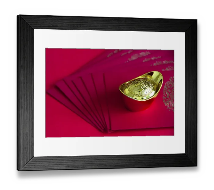 Framed Print : Gold ingot on top of Chinese New Year packets