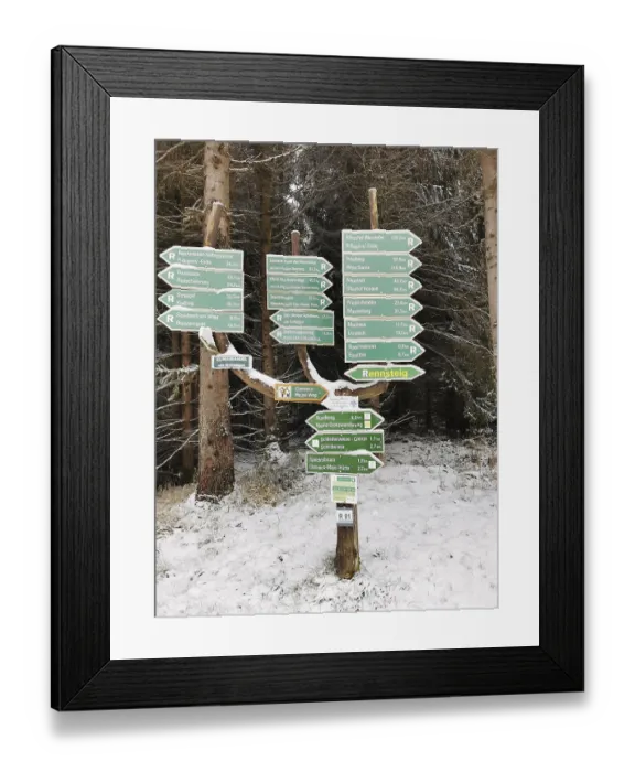 Framed Print : Signpost tree with lots of signs on the Rennsteig in the snowy forest