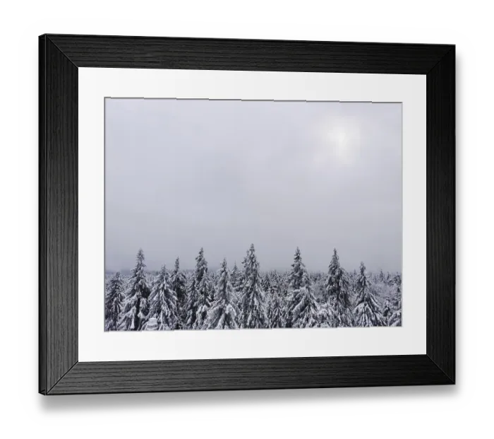 Framed Print : The snow covers treetops while weak light breaks through a wintry sky