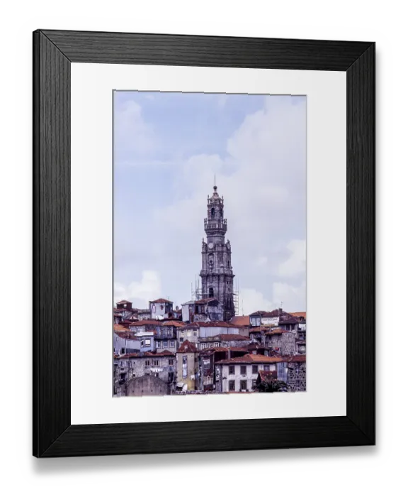 Framed Print : Torre dos Clerigos above the old town of Porto