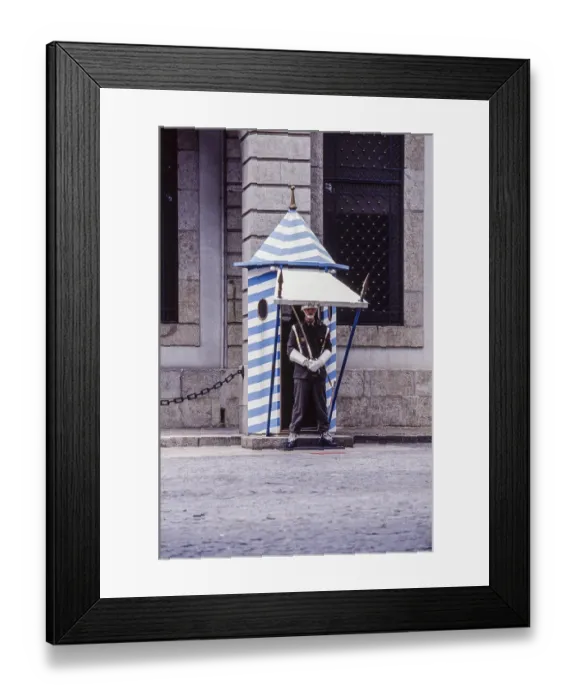 Framed Print : Honor guard in front of administration building in blue white guardhouse Framed Print : Honor guard in front of administration building in blue white guardhouse