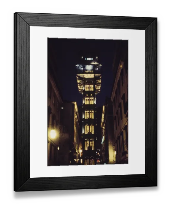 Framed Print : Elevador de Santa Justa at night with illuminated steel architecture