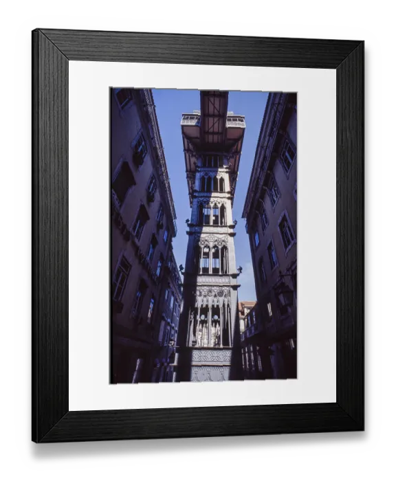 Framed Print : Elevador de Santa Justa frontal in a narrow old town street