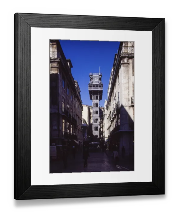 Framed Print : Elevador de Santa Justa frontal in a narrow old town street