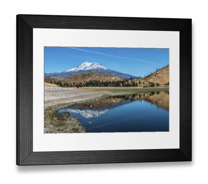 Framed Print : Snow capped mount shasta with a blue sky and reflection in lake Framed Print : Snow capped mount shasta with a blue sky and reflection in lake