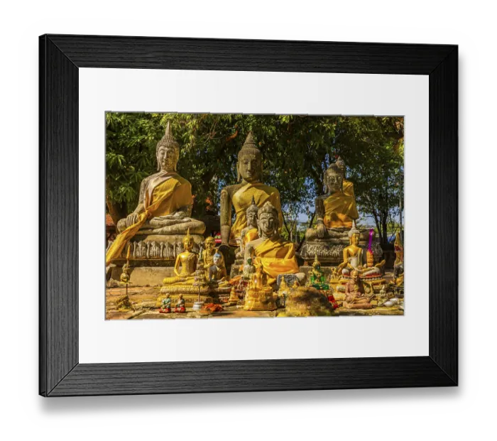 Framed Print : Collection of large and small Buddha statues decorated with yellow cloths Framed Print : Collection of large and small Buddha statues decorated with yellow cloths