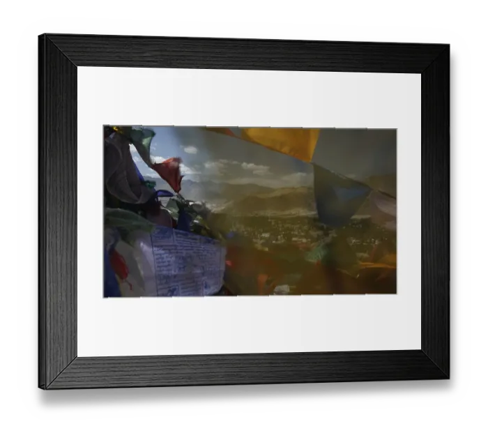 Framed Print : Colourful prayer flags fly against a vast mountain landscape and blue sky with clouds Framed Print : Colourful prayer flags fly against a vast mountain landscape and blue sky with clouds