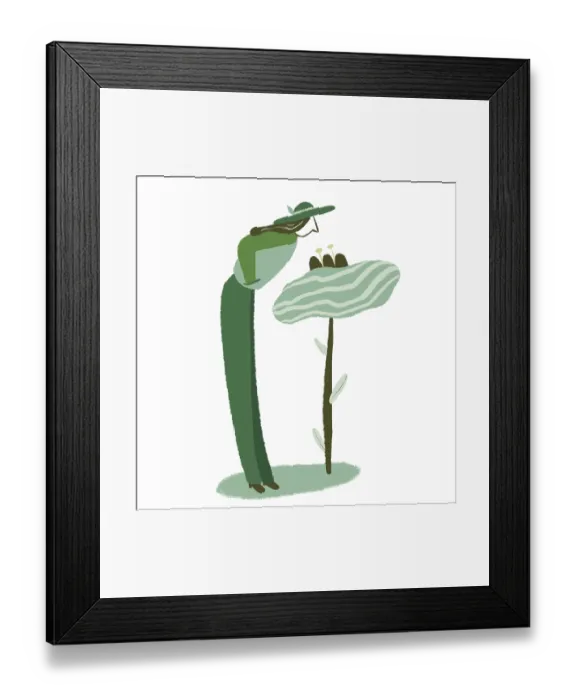 Framed Print : A minimalist illustration of a figure with a hat interacting with a large