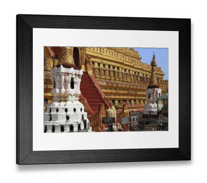 Framed Print : Gold-decorated Shwezigon Pagoda with ornate steps and ornaments