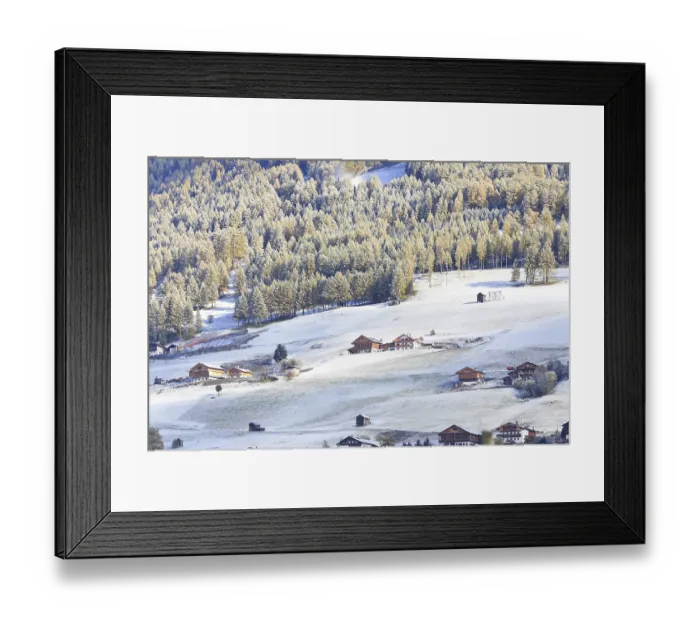 Framed Print : Snowy mountain hut landscape in the Fischleinbach Valley surrounded by forest in the Dolomites
