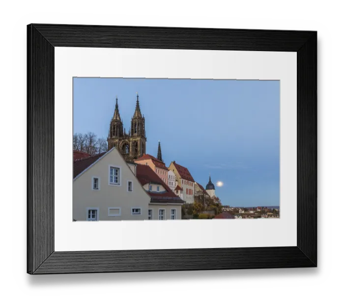 Framed Print : Full moon on Burgberg and over the old town at blue hour in Meissen Framed Print : Full moon on Burgberg and over the old town at blue hour in Meissen