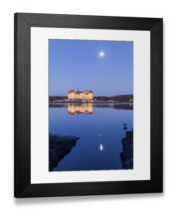 Framed Print : Moritzburg hunting lodge with full moon early in the morning Framed Print : Moritzburg hunting lodge with full moon early in the morning