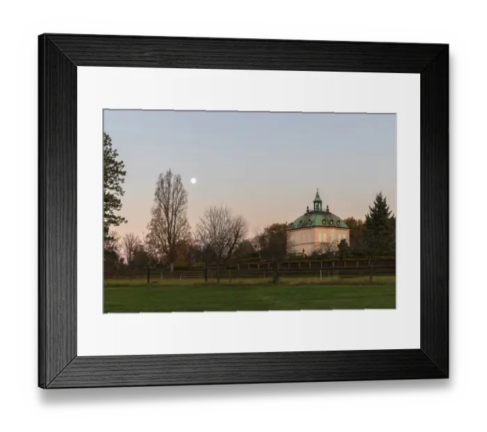Framed Print : Full moon over the pheasant castle in Moritzburg at sunrise Framed Print : Full moon over the pheasant castle in Moritzburg at sunrise