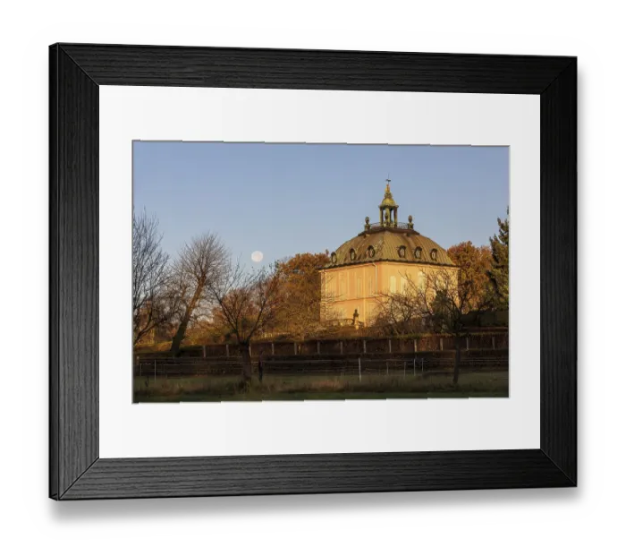 Framed Print : Full moon over the pheasant castle in Moritzburg at sunrise Framed Print : Full moon over the pheasant castle in Moritzburg at sunrise
