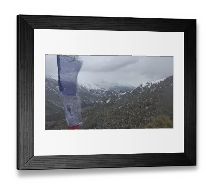 Framed Print : Wide mountain landscape with prayer flags