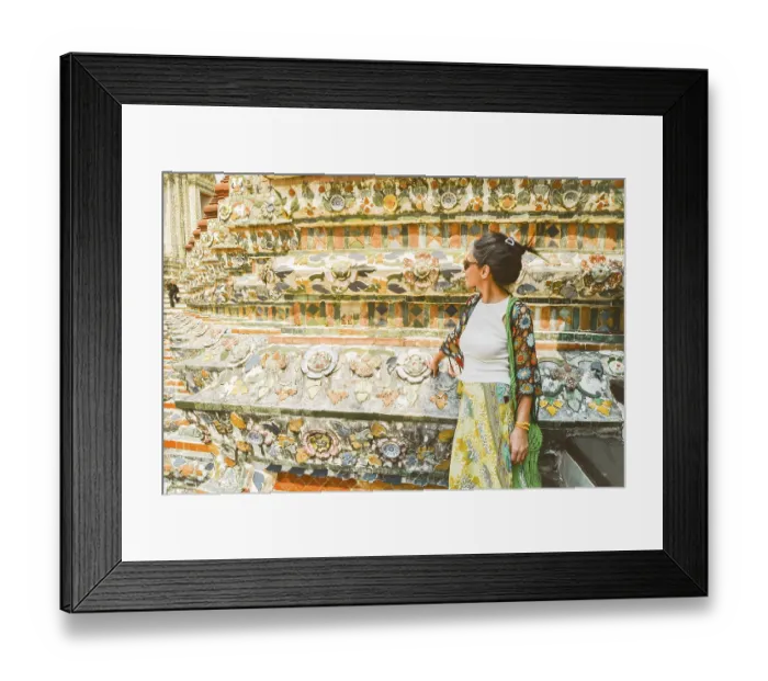 Framed Print : Young woman traveler blogger pose by beautiful famous buddhist temple Wat Arun - famous travel destination in Bangkok Framed Print : Young woman traveler blogger pose by beautiful famous buddhist temple Wat Arun - famous travel destination in Bangkok