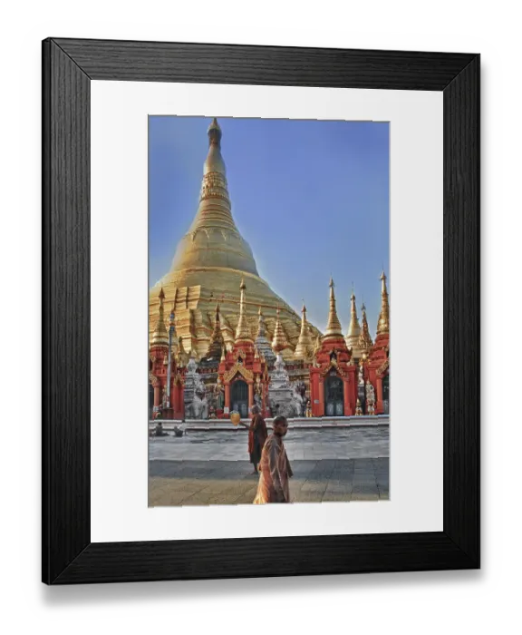 Framed Print : Stupas and monks at Shwedagon Pagoda