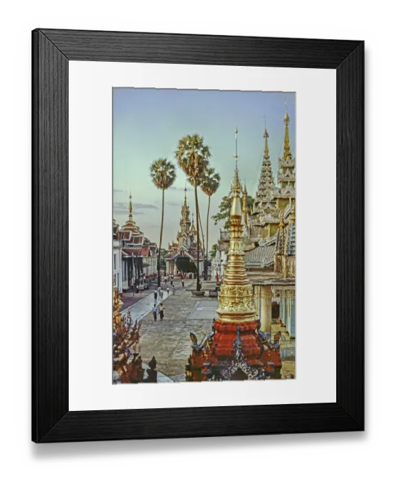 Framed Print : Stupas palm trees and worshippers on Shwedagon Pagoda