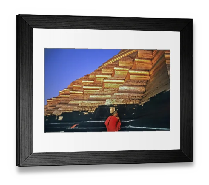 Framed Print : Stupa and praying monk on the top step of Shwedagon Pagoda